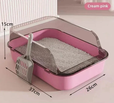 KittyNook Cat Co. Mess-Free Cat Litter Tray, pink with scoop, semi-enclosed, 37x26x15cm, filled with litter.